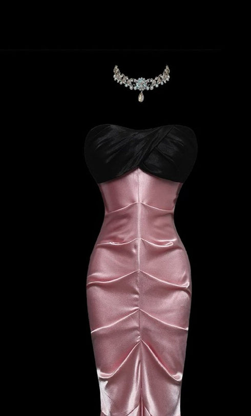 Pink and Black Strapless Evening Dress - Satin Evening Dress - Mermaid Style Evening Gown Plus Size